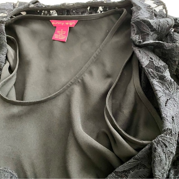 Sunny Leigh Black Lace Blouse Size Medium Smocked Waist Long Sleeve Top - Picture 9 of 14